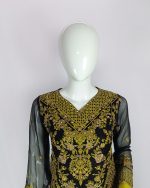 3 PIECES - Ebroidered chiffon shirt with gharara pant & embroidered chiffon dupatta - Image 3