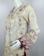 3 PIECES - Hand embroidered shirt with gharara style bottom along with embroidered organza dupatta - Image 4