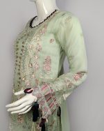 3 PIECES - Hand embroidered shirt with gharara bottom along with embroidered & printed organza dupatta - Image 4