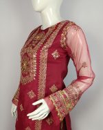 3 PIECES - Hand Emb organza shirt with printed silk farshi bottom along with Emb organza dupatta - Image 4