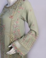 3 PIECES - Hand Emb shirt with malai trouser & Emb chiffon dupatta - Image 4