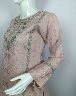 3 PIECES - Hand Emb shirt with malai bell bottom & machine net dupatta - Image 4
