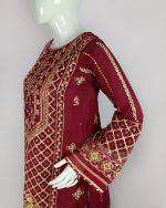 3 PIECES - Emb shirt with hand work along with gharara bottom & Foil printed dupatta - Image 4