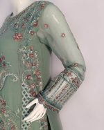 3 PIECES - Embroidered Chiffon Shirt with malai trouser & chiffon embroidered dupatta - Image 4