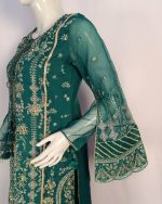 3 PIECES - Embroidered organza shirt with malai gharara & embroidered organza dupatta - Image 4