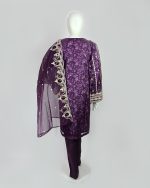3 PIECES - Printed embroidered shirt with trouser & embroidered organza dupatta - Image 5