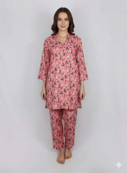 2 PIECES FEMININE & BOLD BLOOM IN PINK PRINTED SHIRT & BOTTOM