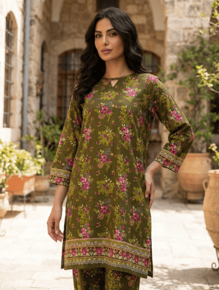 2 PIECES FRESH & FLORAL GREEN IN BLOOM PRINTED SHIRT & BOTTOM